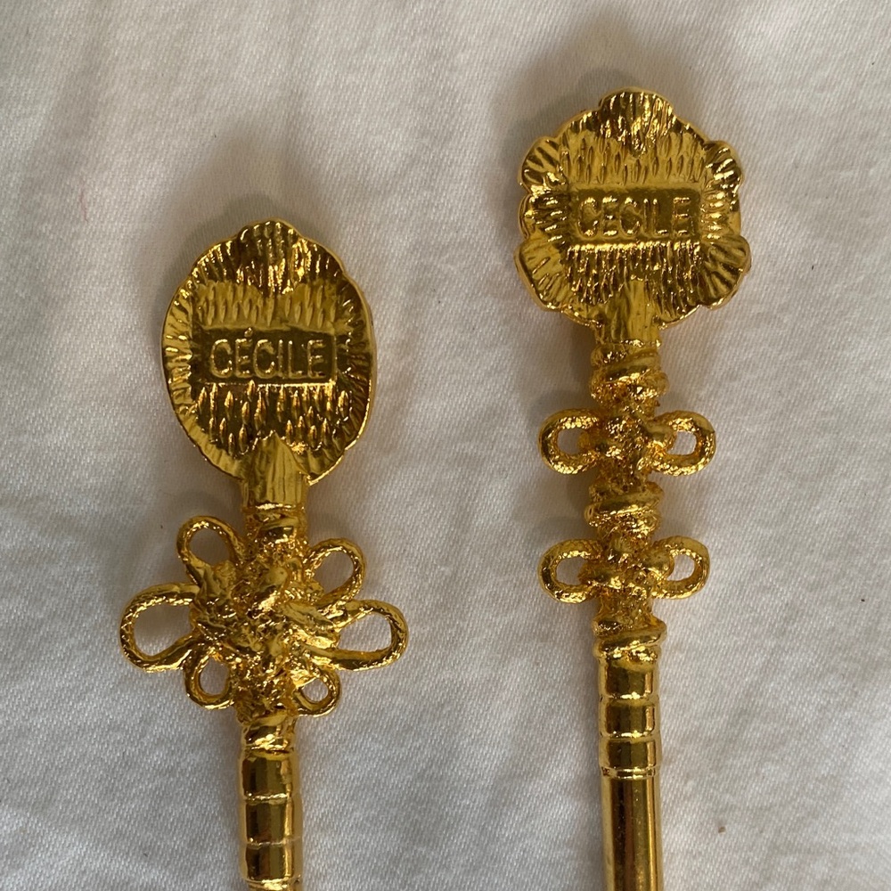 Vintage Cécile Gold-Plated Serving Spoons with Floral Porcelain Handles – 1970s - Picture 9 of 11